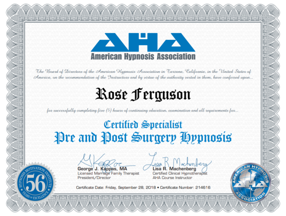Rose Buono Certified Specialist Pre and Post Surgery Hypnosis 